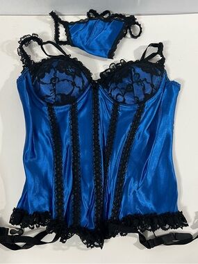 Vintage Fredericks of Hollywood 1980s Blue Lace-Trim Bustier Corset with Thong